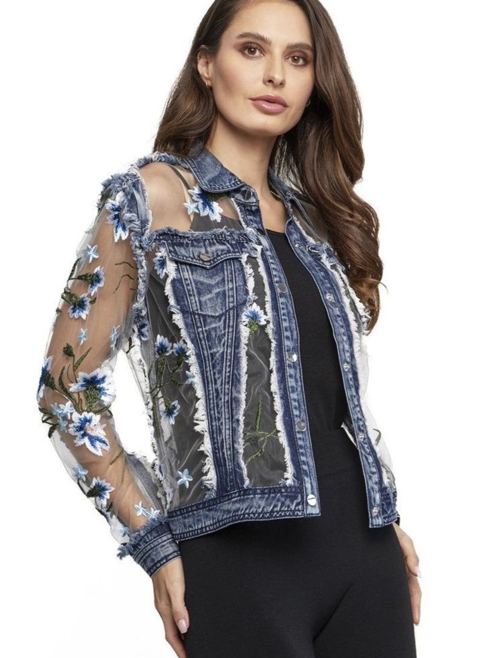 Adore Blue Denim Jacket with Sheer Floral Embroidery